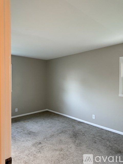 A room with a carpeted floor and a wall with a switch.