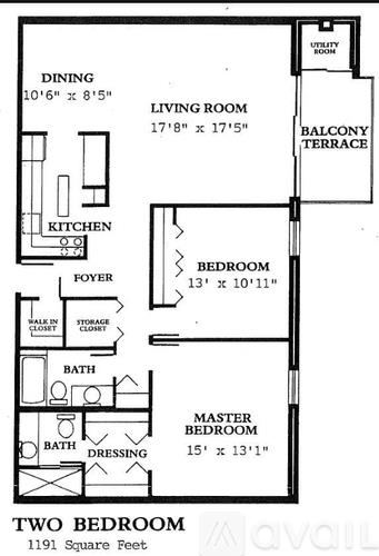 A black and white image of a two bedroom apartment floor plan.