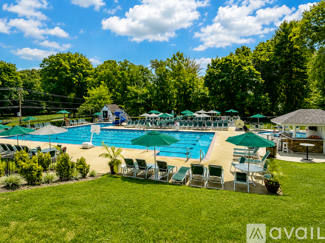 A pool surrounded by lawn chairs and umbrellas with trees in the background.