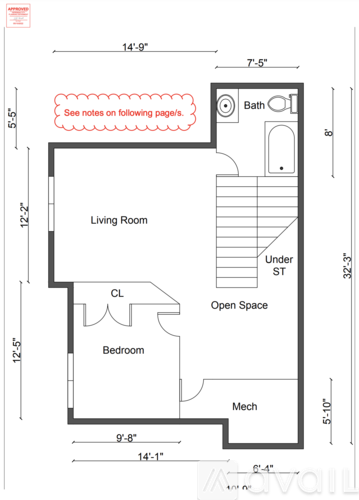 A floor plan of a living space with a living room, bedroom, and bathroom.
