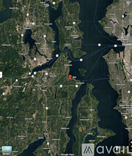 A map with a red pin marking a location near Seattle.
