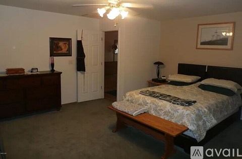 A bedroom with a bed, dresser, and a ceiling fan.