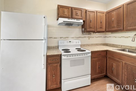A kitchen with a white fridge, stove and wooden cabinets.