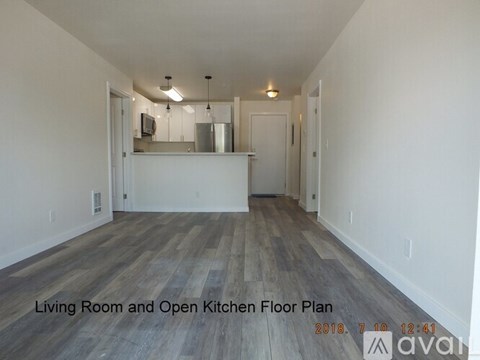 A living room and open kitchen floor plan.
