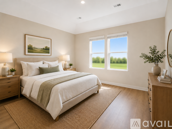 A bedroom with a large bed and a view of the outdoors through the window.