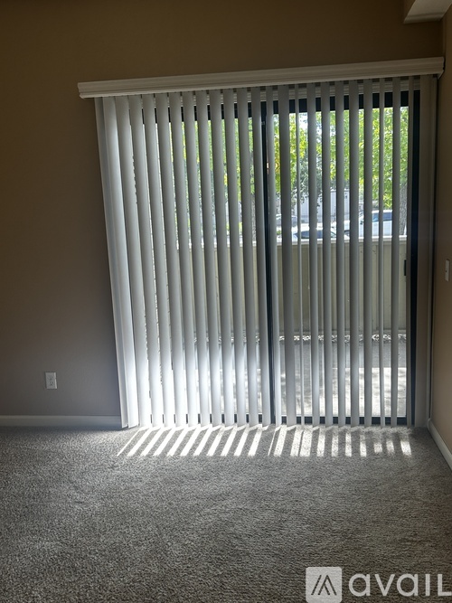 A room with a carpet floor and a window covered with white blinds.