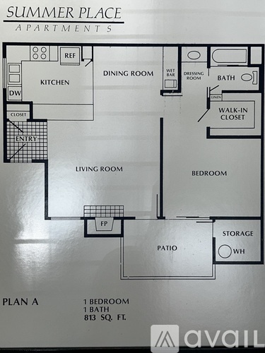 A floor plan for a one bedroom apartment at Summer Place.