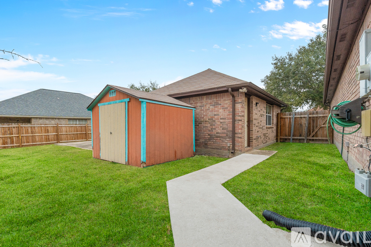 A backyard with a shed and a concrete walkway.