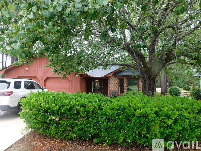 A tree in front of a red building with a white car parked in front of it.