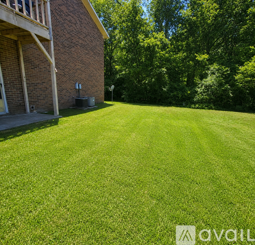 A grassy yard in front of a brick house.