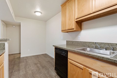 A kitchen with a black dishwasher and a granite countertop.