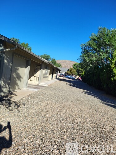 A gravel driveway leads to a row of houses.