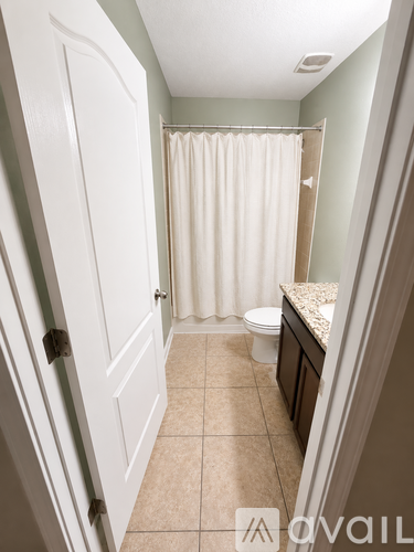 A bathroom with a toilet, sink and shower curtain.