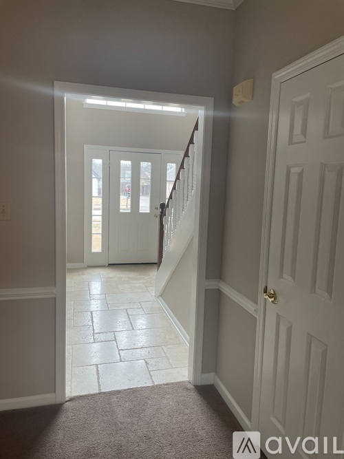A hallway with a carpeted floor and a white door.