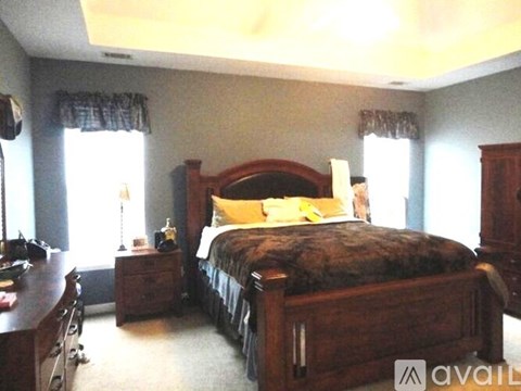 A bedroom with a large bed and a wooden dresser.