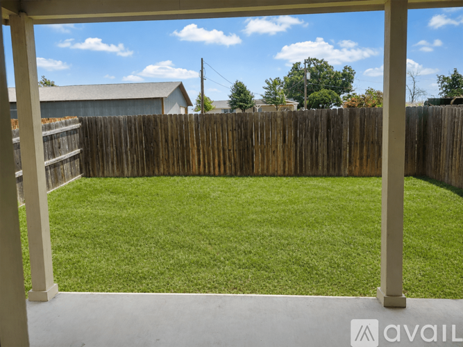 A backyard with a wooden fence and green grass.
