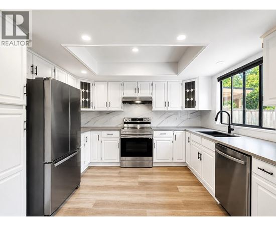 A modern kitchen with white cabinets and stainless steel appliances.