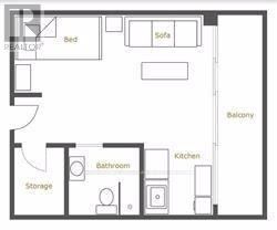 A floor plan of a small apartment with a bed, a sofa, a kitchen, a bathroom, and storage.