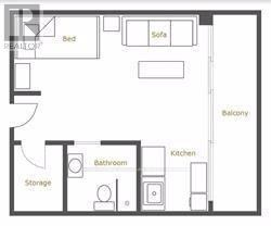 A floor plan of a small apartment with a bed, a sofa, a kitchen, a bathroom, and storage.