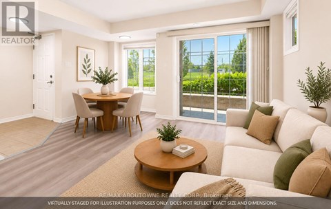 A living room with a dining table and chairs, a sofa, and a coffee table.