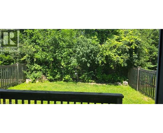 A backyard with a black fence and lush green trees.
