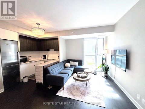 A living room with a black couch and a white rug.