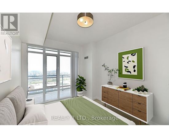 A well-lit, modern bedroom with a large window and a green cushion on the bed.