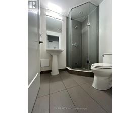 A white toilet sits next to a walk-in shower in a bathroom.