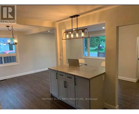A kitchen area with a counter and cabinets.