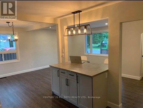 A kitchen area with a counter and cabinets.