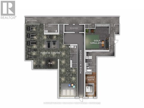 A floor plan of a suite with a fitness center and a golf simulator.