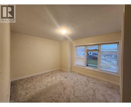 A room with a carpeted floor and a window showing a view of a street.