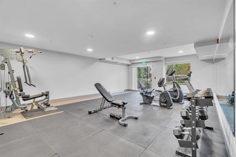 A spacious gym with various exercise equipment.