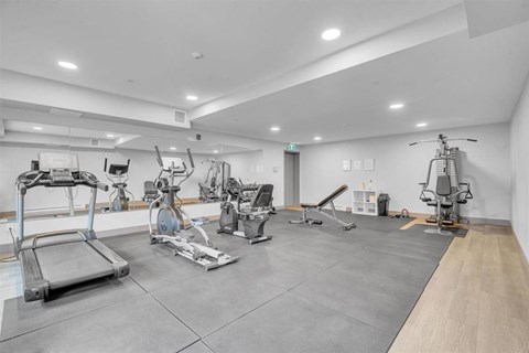 A gym with a variety of exercise equipment.