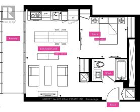 A floor plan of an apartment with a bedroom, living room, and bathroom.