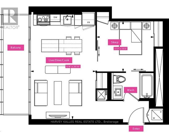 A floor plan of an apartment with a bedroom, living room, and bathroom.