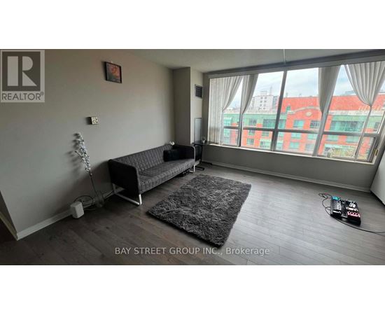 A living room with a grey sofa and a black rug.