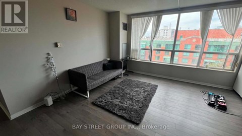 A living room with a grey sofa and a black rug.