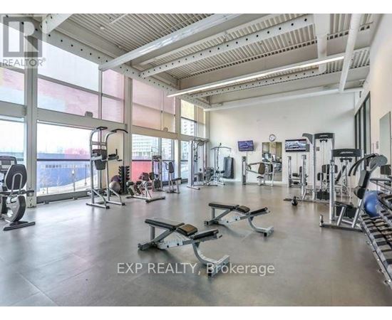 A gym with a variety of equipment is available for use.