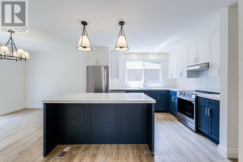 A modern kitchen with dark blue cabinets and a white island.