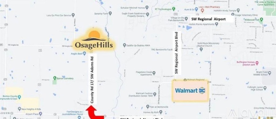 A map shows the location of Walmart in relation to other landmarks such as Osage Hills and the airport.