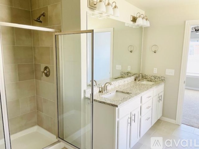 A bathroom with a walk-in shower and a sink with a granite countertop.