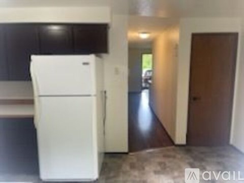 A white refrigerator is in a kitchen with a black counter.