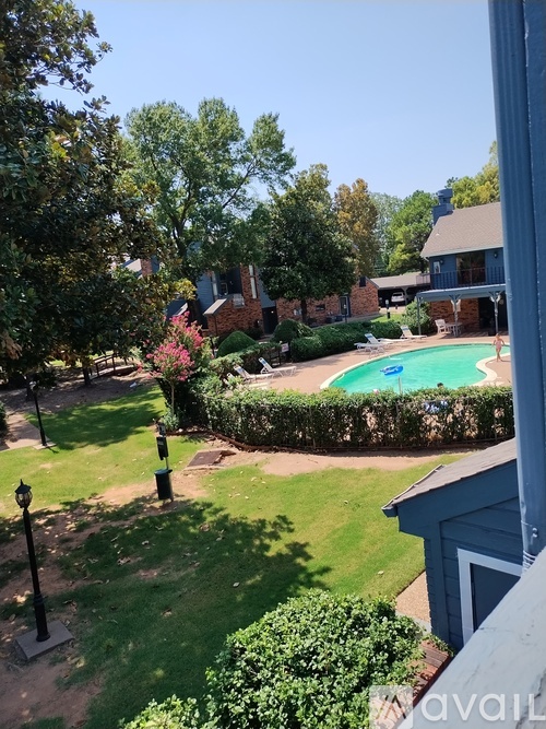A backyard with a pool and a house.