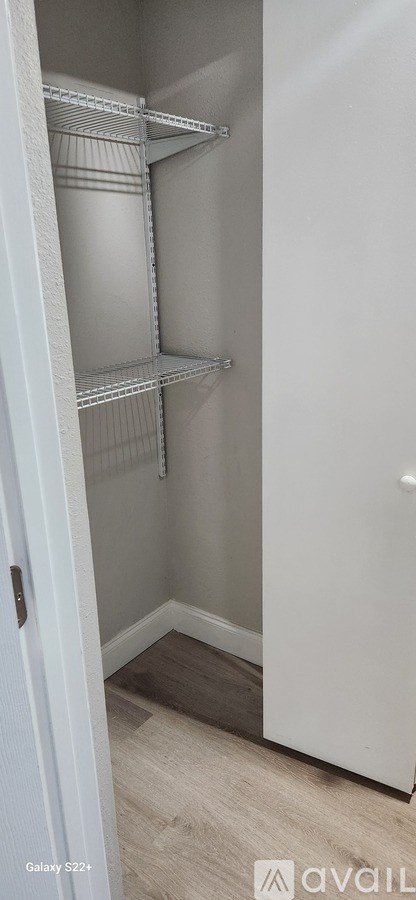 A white pantry with shelves and a door.