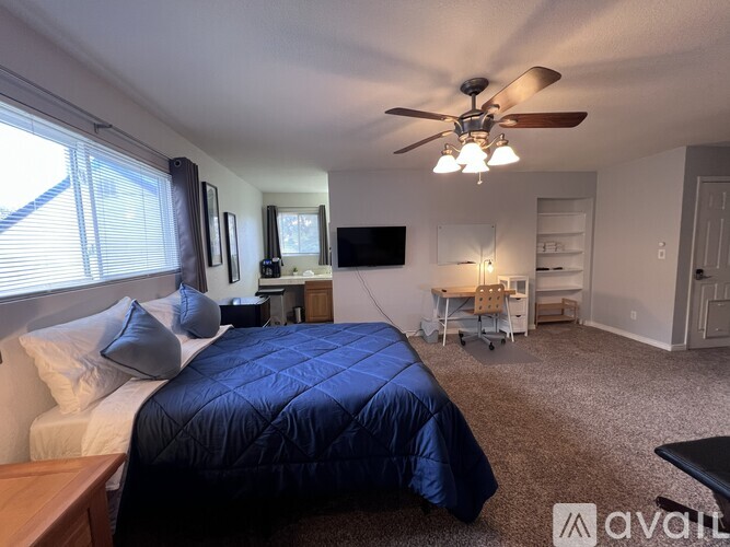 A bedroom with a bed, a ceiling fan, and a television.