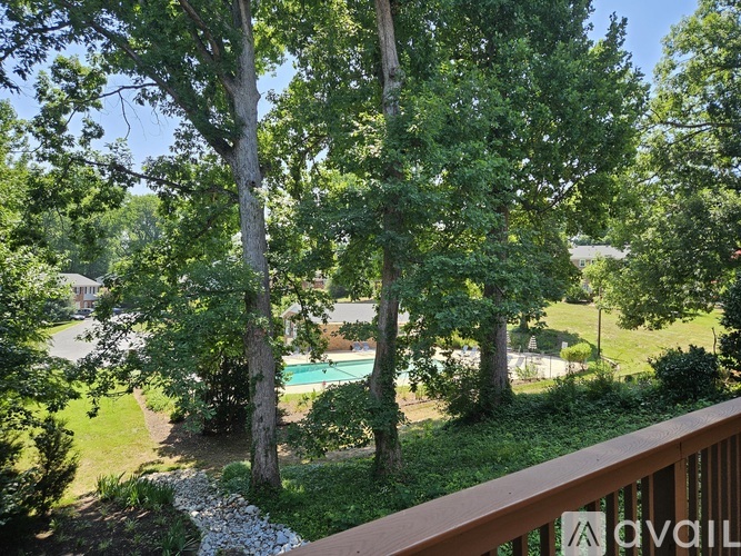 A pool is surrounded by trees and grass.