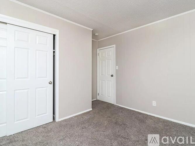 A room with a carpeted floor and two white doors.