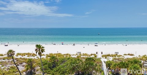 A beach scene with palm trees and a clear blue sky.
