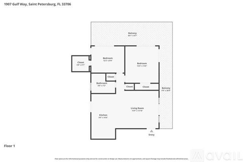 A floor plan of a two-bedroom, one-bathroom apartment on the first floor.